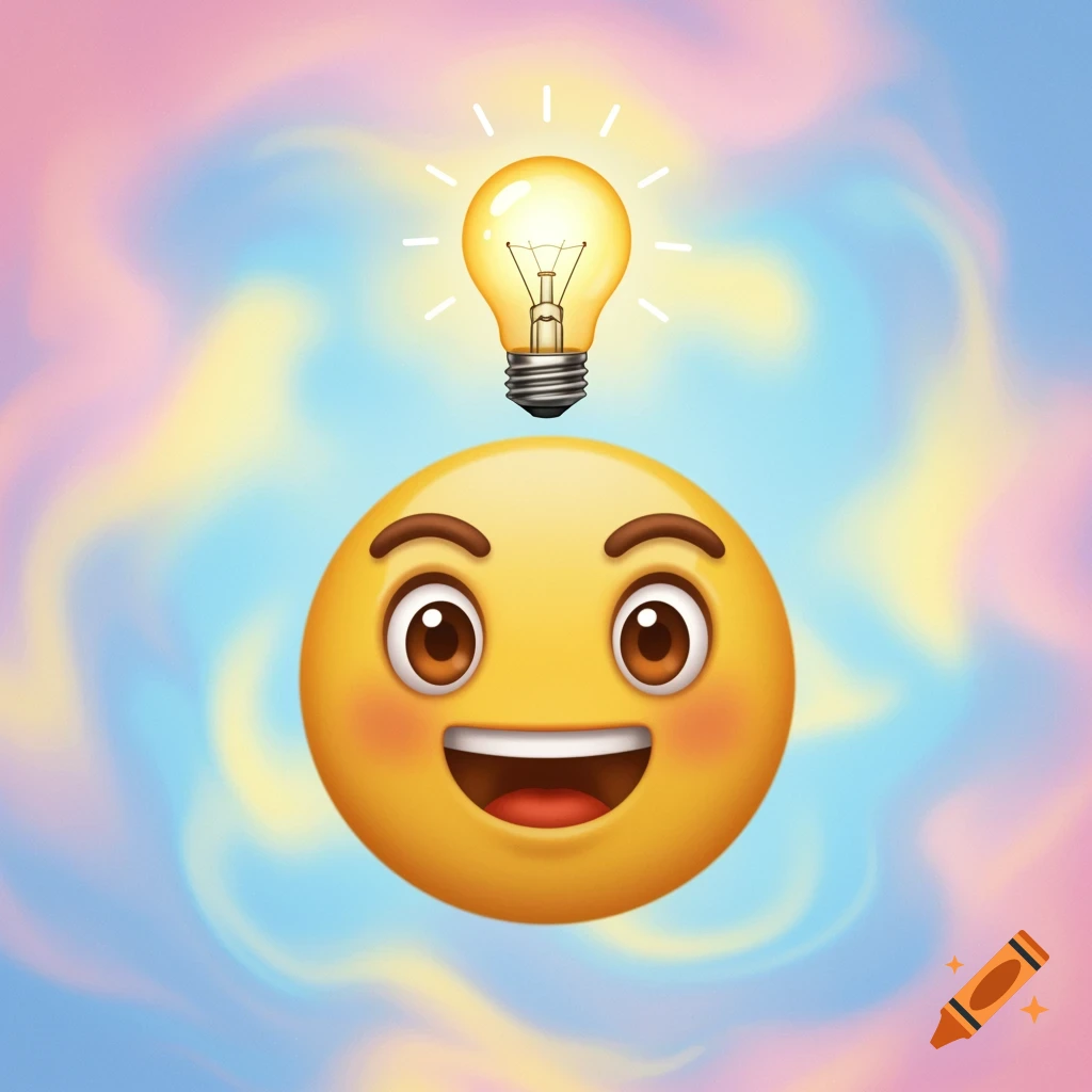 A happy yellow emoji face with a glowing light bulb above its head, against a colorful, swirly background.