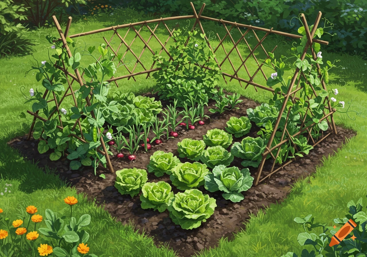 A vibrant vegetable garden with rows of fresh lettuce, radishes, and peas growing on trellises, surrounded by green grass.