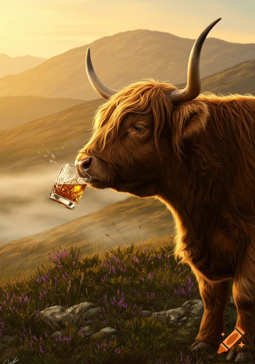 A shaggy brown Highland cow sips whiskey from a glass, standing in a misty, mountainous Scottish landscape with purple heather in the foreground.