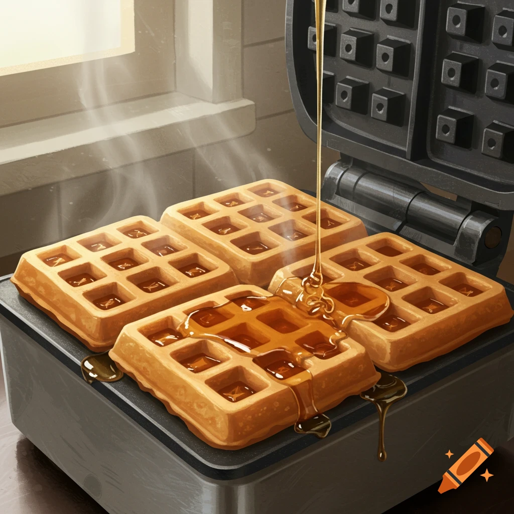 Four golden waffles with syrup being poured on them, steaming in an open waffle maker.