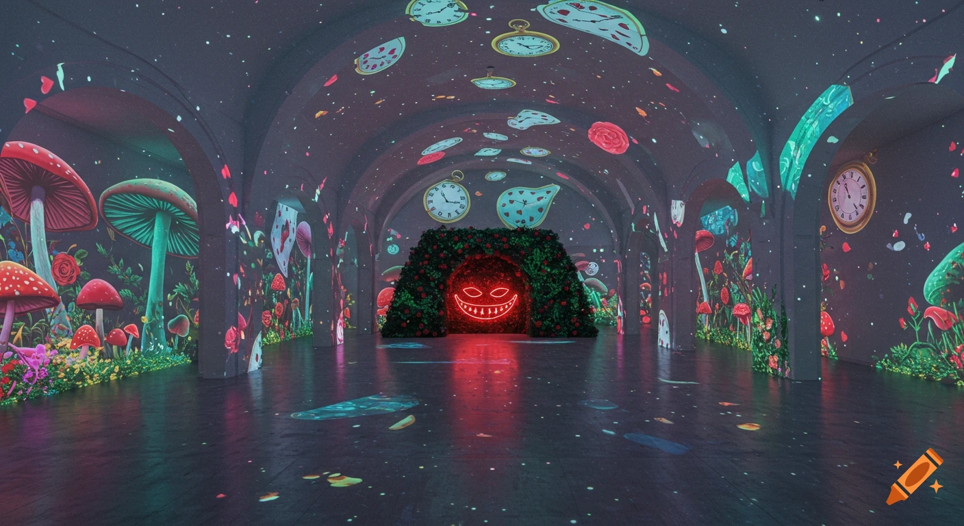 An immersive Alice in Wonderland projection in an event hall, featuring towering luminous mushrooms, floating pocket watches, playing cards, and a glowing Cheshire Cat grin in a hedge arch.