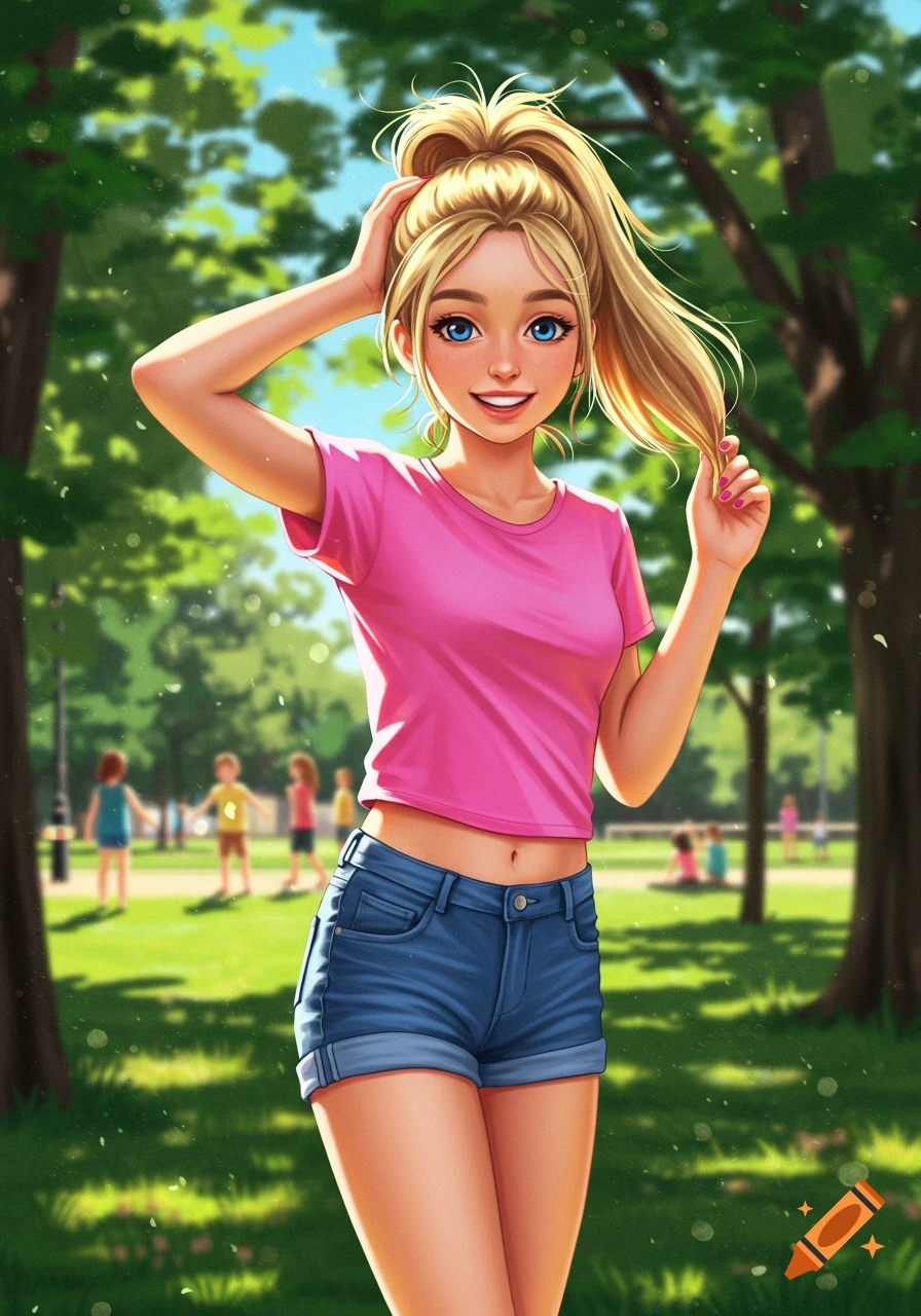A smiling blonde woman in a pink shirt and blue shorts adjusts her ponytail in a sunny park, digital art style.