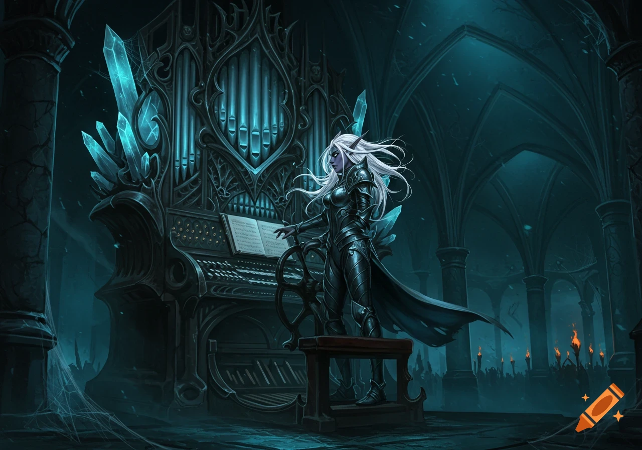 A dark elf in armor plays a grand, crystal-adorned pipe organ in a gothic, candlelit chamber.