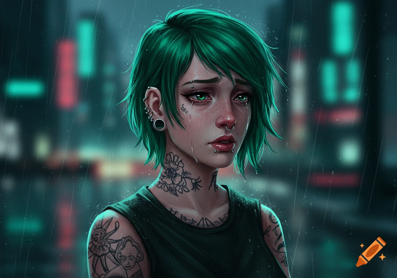 Digital art portrait of a crying woman with short green hair, piercings, and tattoos, standing in the rain at night.