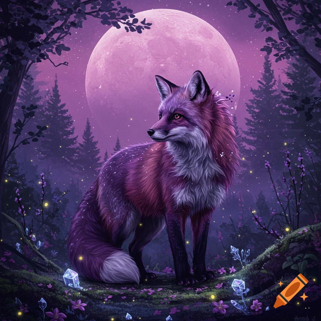 A purple and pink fox sits in a mystical forest under a large pink moon, surrounded by glowing crystals and sparkling lights.
