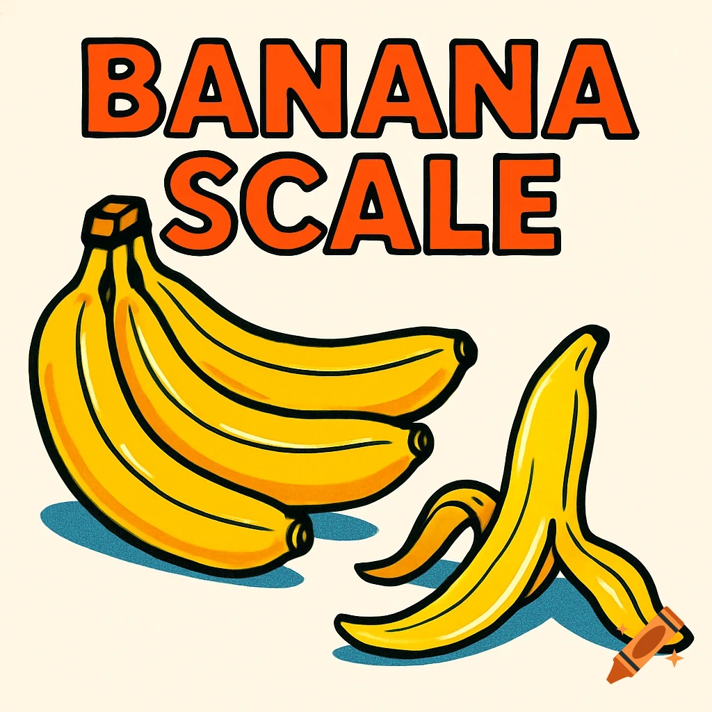 A clipart illustration of a banana bunch and a banana peel with the words "BANANA SCALE" in bold orange font.