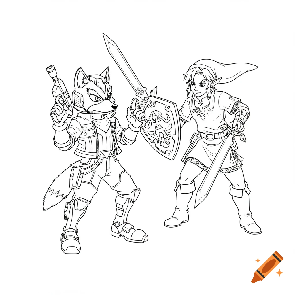 Black and white line art of Fox McCloud and Link from Zelda in a fighting stance, suitable for a coloring page.