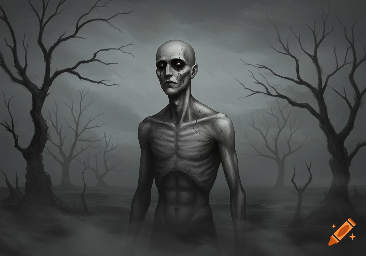 A gaunt, pale, bald figure with cracked skin stands in a misty, desolate landscape with bare trees, in a monochromatic, eerie art style.