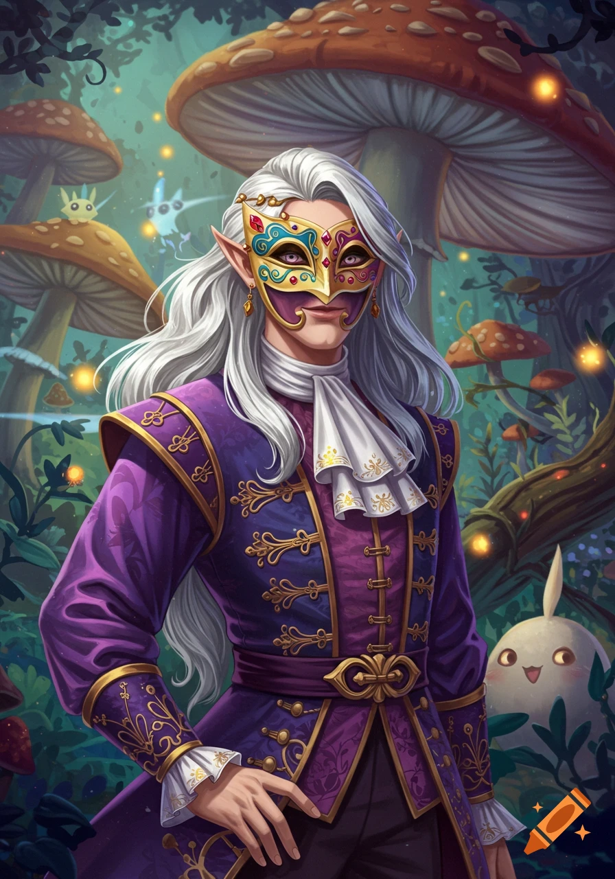 An elf-like character with long silver hair, wearing a purple and gold outfit with a ruffled collar and a colorful ornate mask, stands in a vibrant, mushroom-filled fantasy forest with small whimsical creatures.