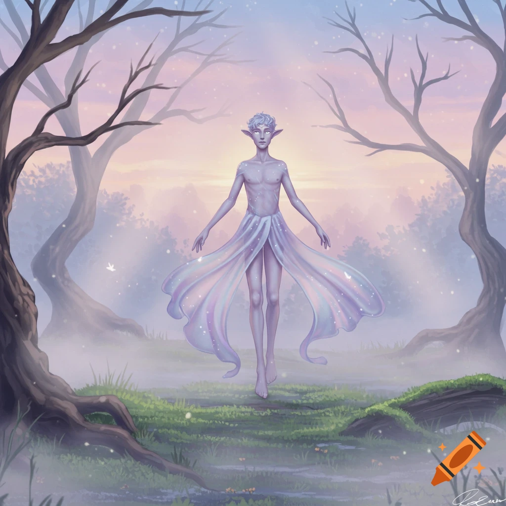An ethereal elf-like figure floats in a misty forest at dawn or dusk, wearing a flowing, translucent pastel garment. Digital art.