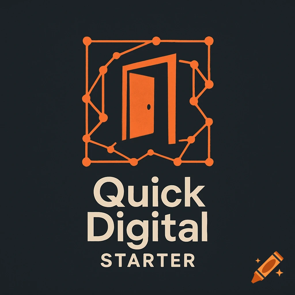 A logo with an orange open door inside a square frame of interconnected orange dots and lines, with the text 'Quick Digital Starter' below, on a dark background.