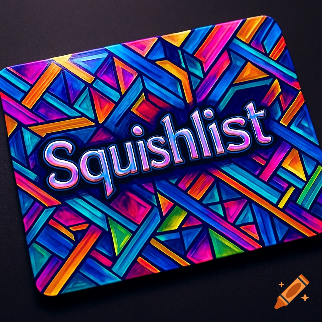 A vibrant, hyper-colored geometric pattern on a rectangular object with the word 'Squishlist' in the center.