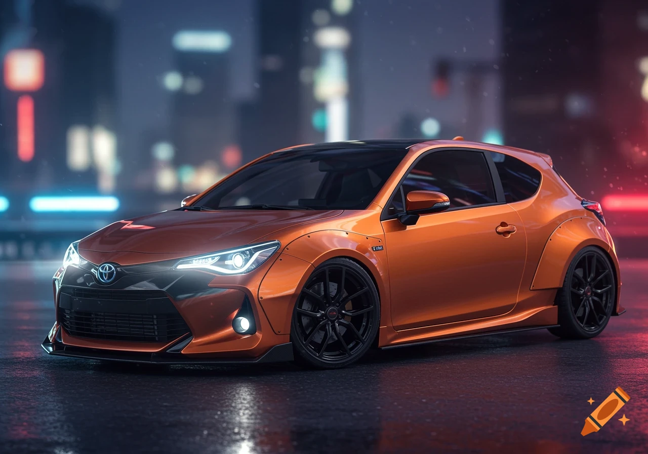 A photorealistic image of an aggressive orange and black hatchback car on a wet city street at night.