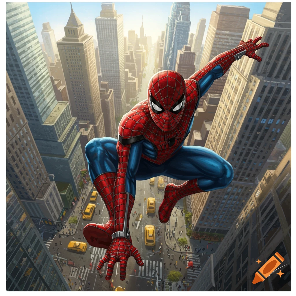 Spider-Man soaring above a bustling city street, viewed from a high angle, in a comic art style.