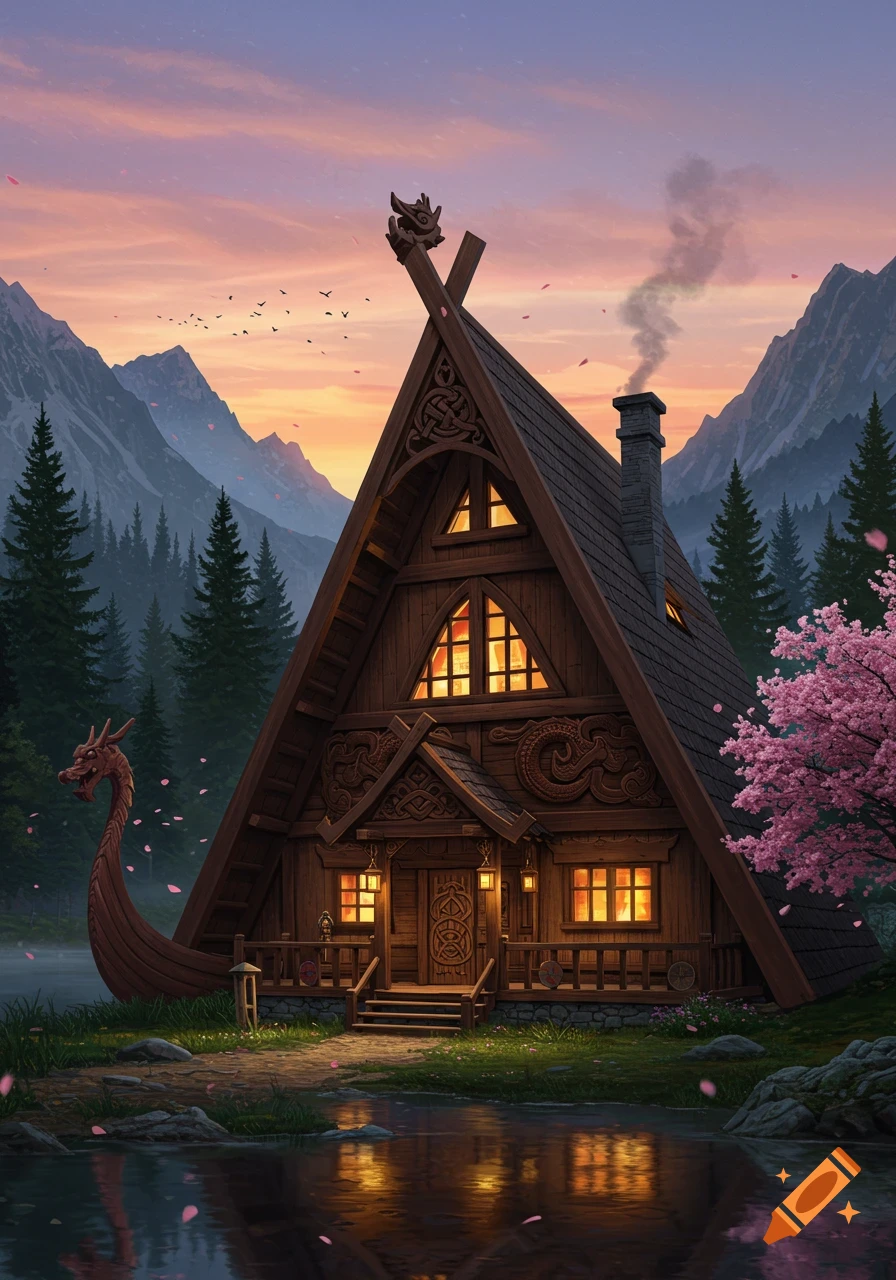 A detailed A-frame wood cabin with Norse and Asian architectural elements sits by a calm lake at sunset, with mountains and cherry blossoms.