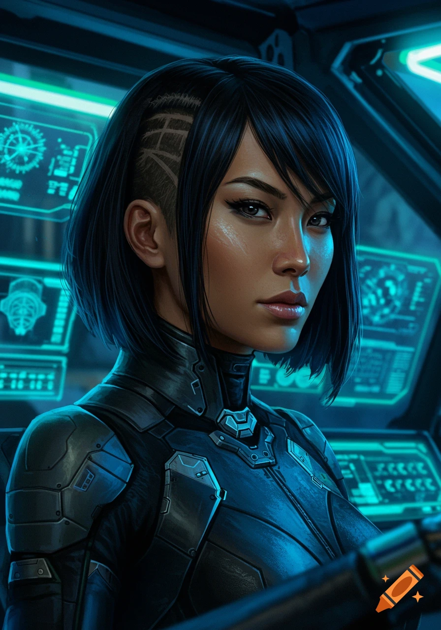 A three-quarters portrait of a tanned female mechwarrior pilot with bobbed hair and shaved sides in a futuristic cockpit, surrounded by glowing blue screens.