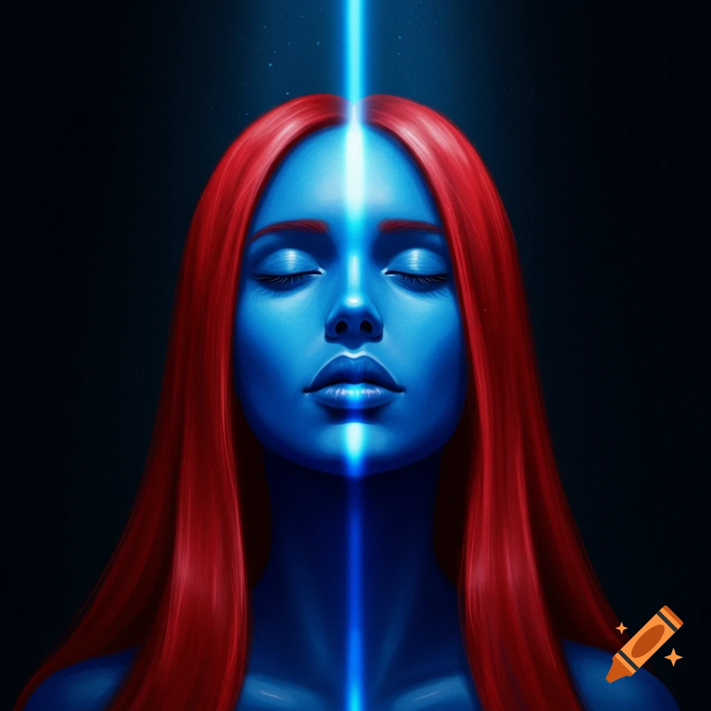 Close-up portrait of a woman with blue skin and long red hair, eyes closed, with a bright blue light shining down her face on a dark background.