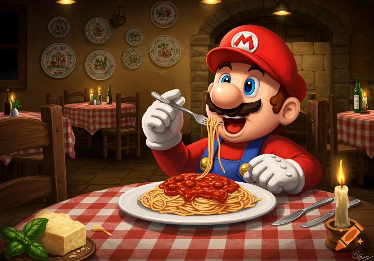 Super Mario happily eats a large plate of spaghetti with marinara sauce in a cozy Italian restaurant.