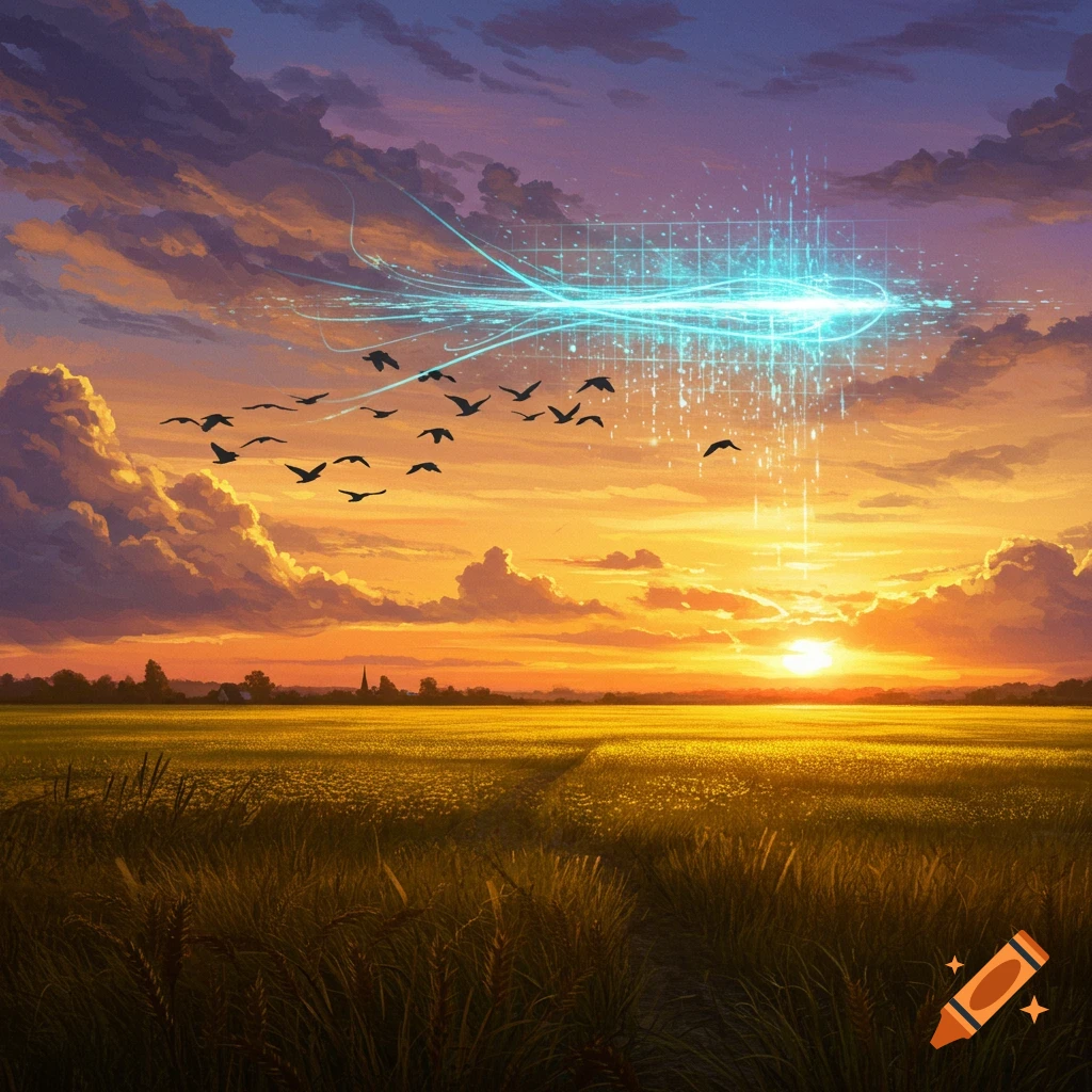 A vibrant sunset illuminates a golden field with birds flying and a futuristic blue light structure emitting particles in the sky.