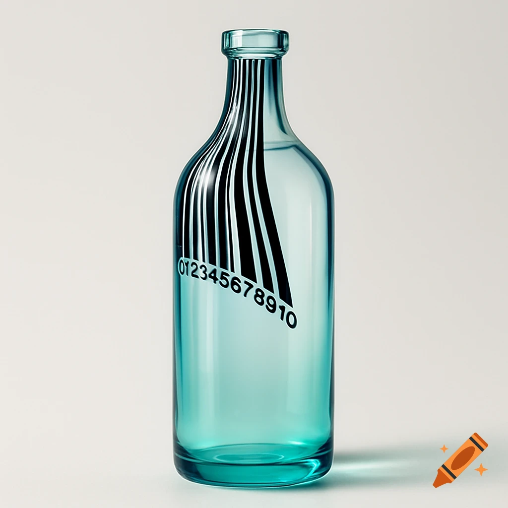 A turquoise glass bottle with a black and white barcode and numbers '012345678910' printed on its shoulder, set against a plain background.