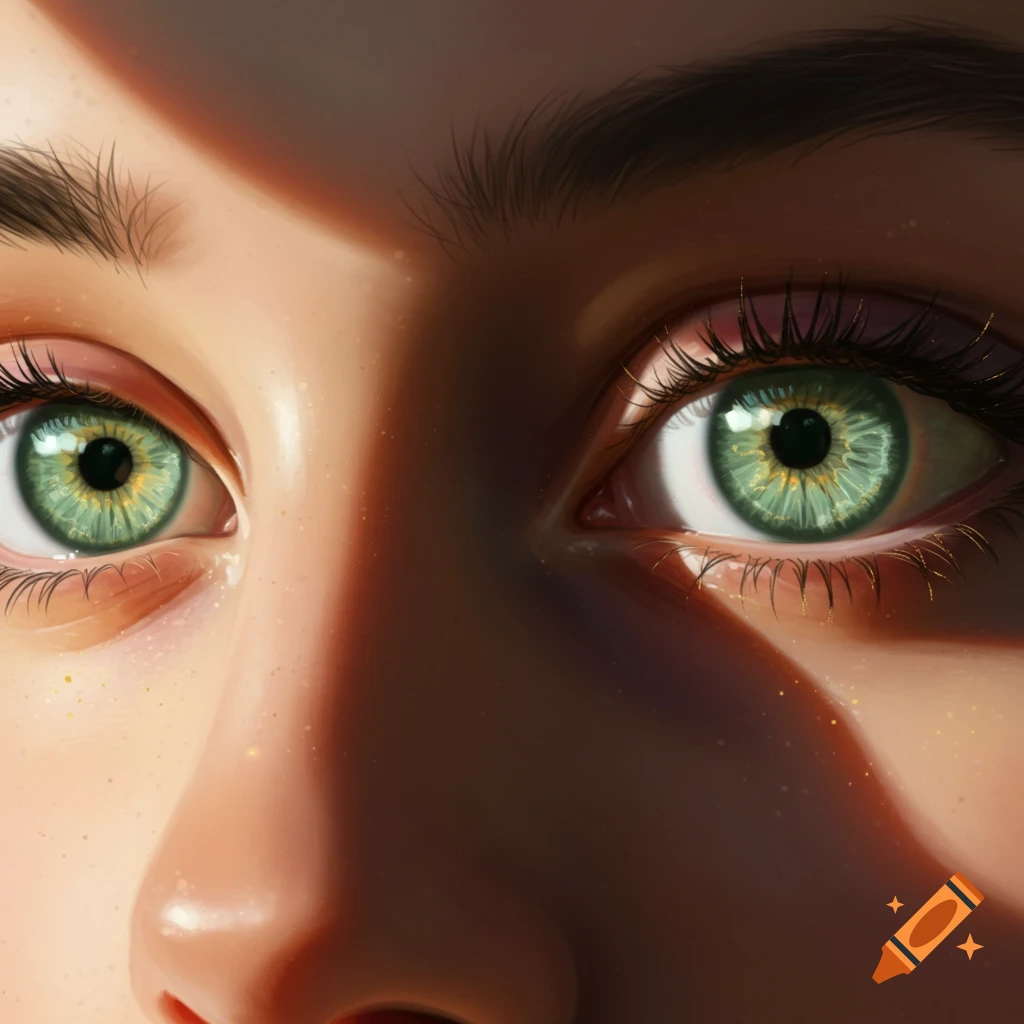 Close-up of a person's light green eyes with flecks of gold, partly shadowed by light.
