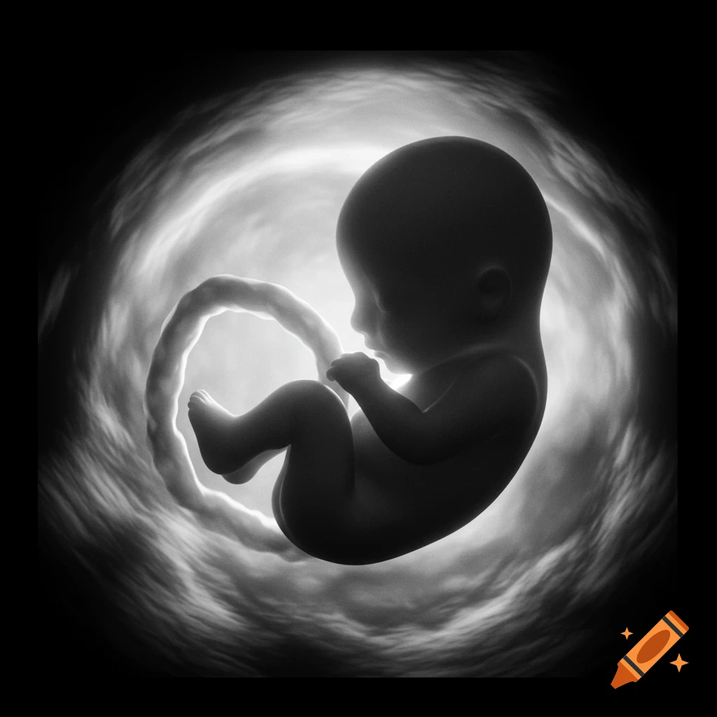 A black and white image of a fetus curled up in a bright, swirling, womb-like environment, resembling an ultrasound.