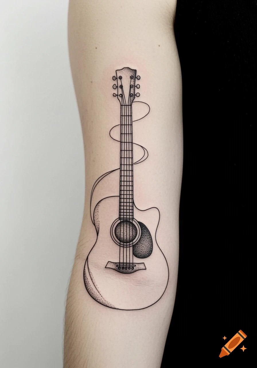 A minimalist black ink tattoo of an acoustic guitar on an arm, with its strings extending upwards and circling.