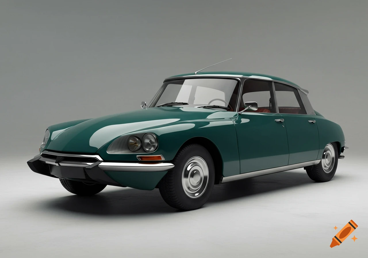 A photorealistic image of a dark green 1968 Citroën DS sedan in a studio setting.
