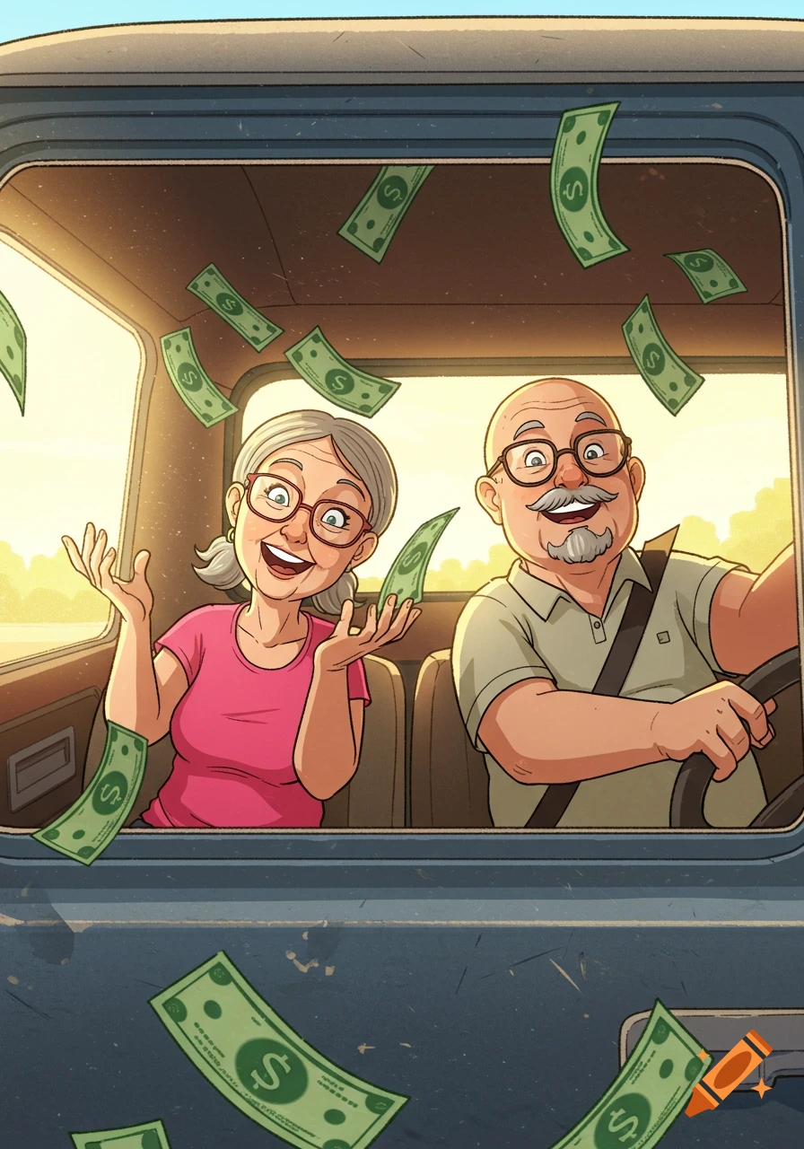 A cartoon illustration of a happy older couple in a truck, with money flying around them. The man is driving, and the woman is smiling with hands up.