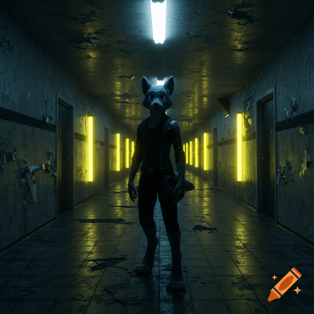 A grey furry character stands in a dark, decaying hallway lit by bright yellow vertical lights and a single overhead white tube light.
