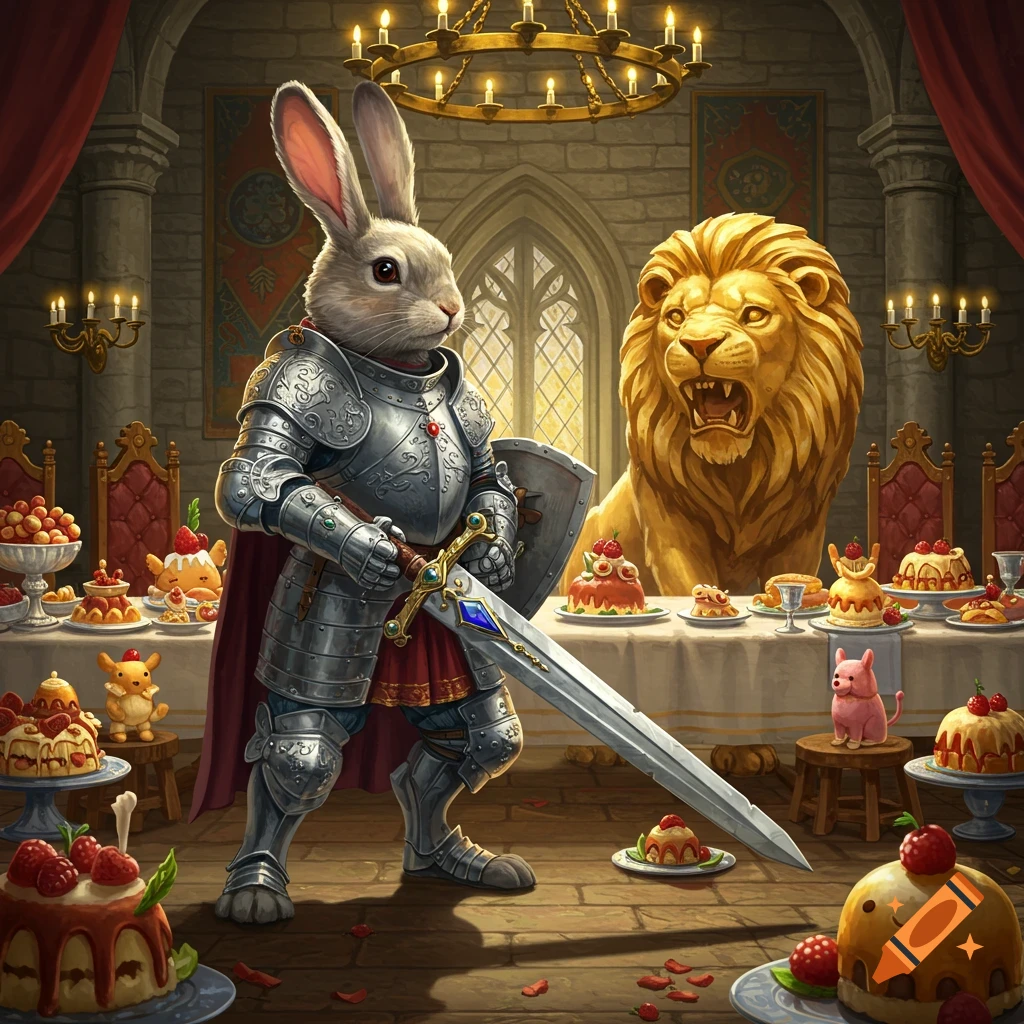 A bunny knight in shining armor with a jeweled sword stands before a roaring golden lion in a castle banquet hall filled with adorable cakes and desserts.