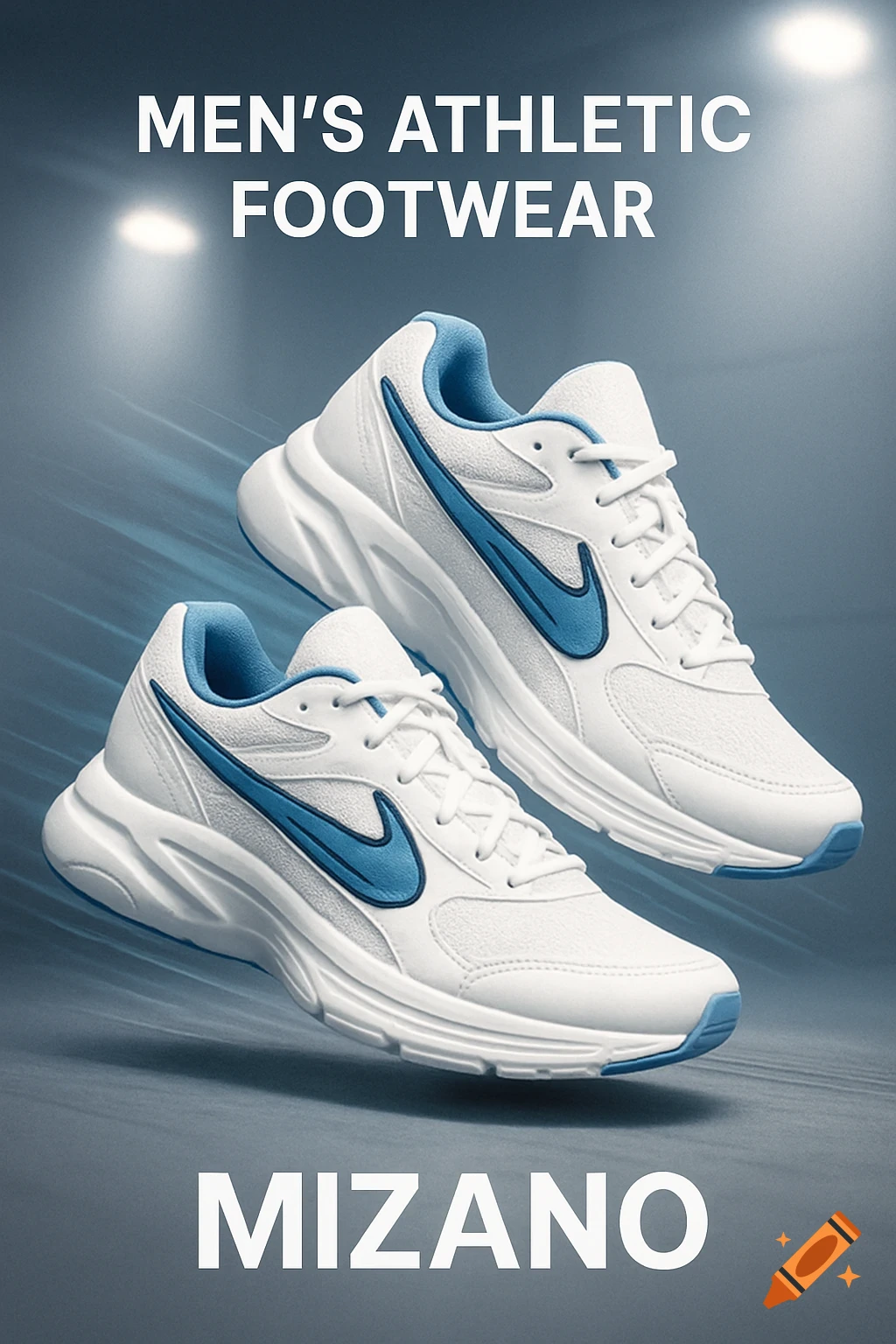 White and blue men's athletic footwear, a pair of sneakers, float against a dynamic blue background with the text "MEN'S ATHLETIC FOOTWEAR" and "MIZANO".