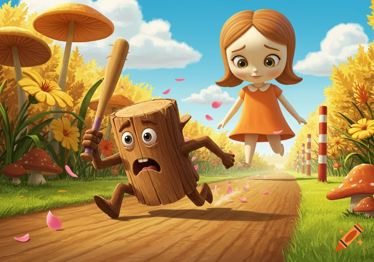 A scared, anthropomorphic wooden log with a bat runs away from a giant floating girl in a cartoon forest.
