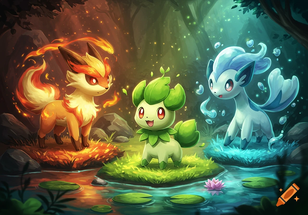 Three colorful elemental creatures, resembling Pok mon starters, stand in a vibrant fantasy forest with a pond and lily pads.