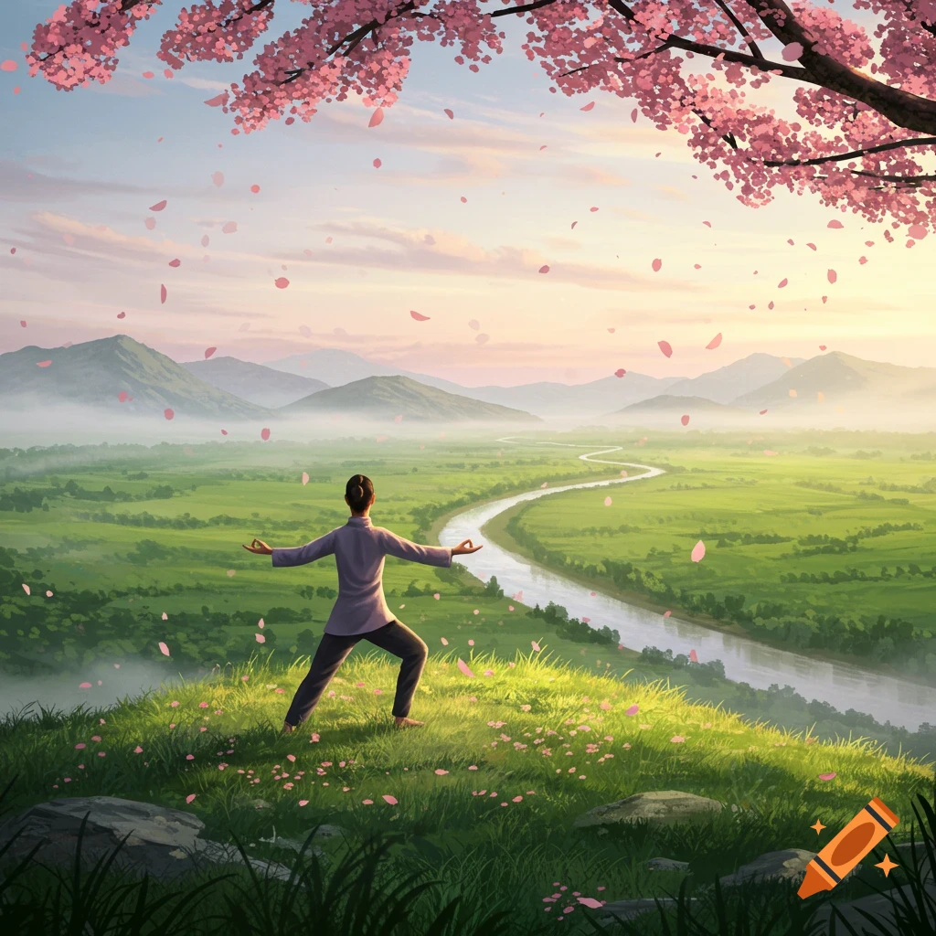 Person meditating on a hill overlooking a green valley with a river and mountains, under a cherry blossom tree with falling petals at sunrise.