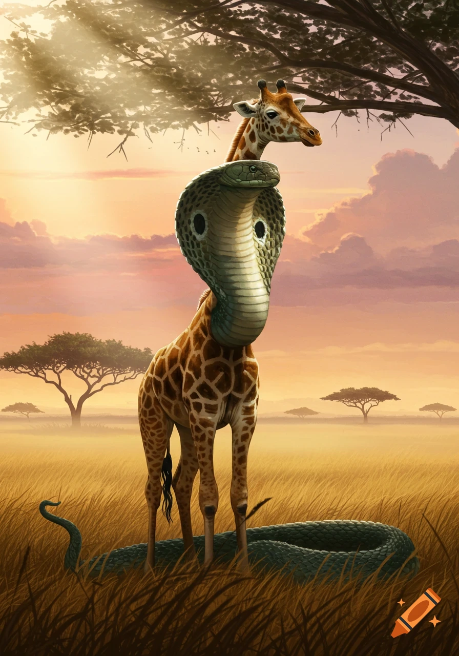 A surreal creature with a giraffe body and cobra head stands in a golden savanna with trees and a sunset sky.