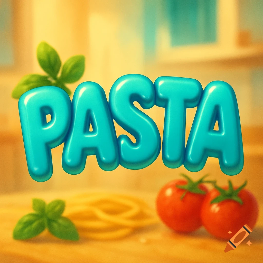 Vibrant 3D teal bubble letters spelling 'PASTA' floating above a cutting board with noodles, tomatoes, and basil.
