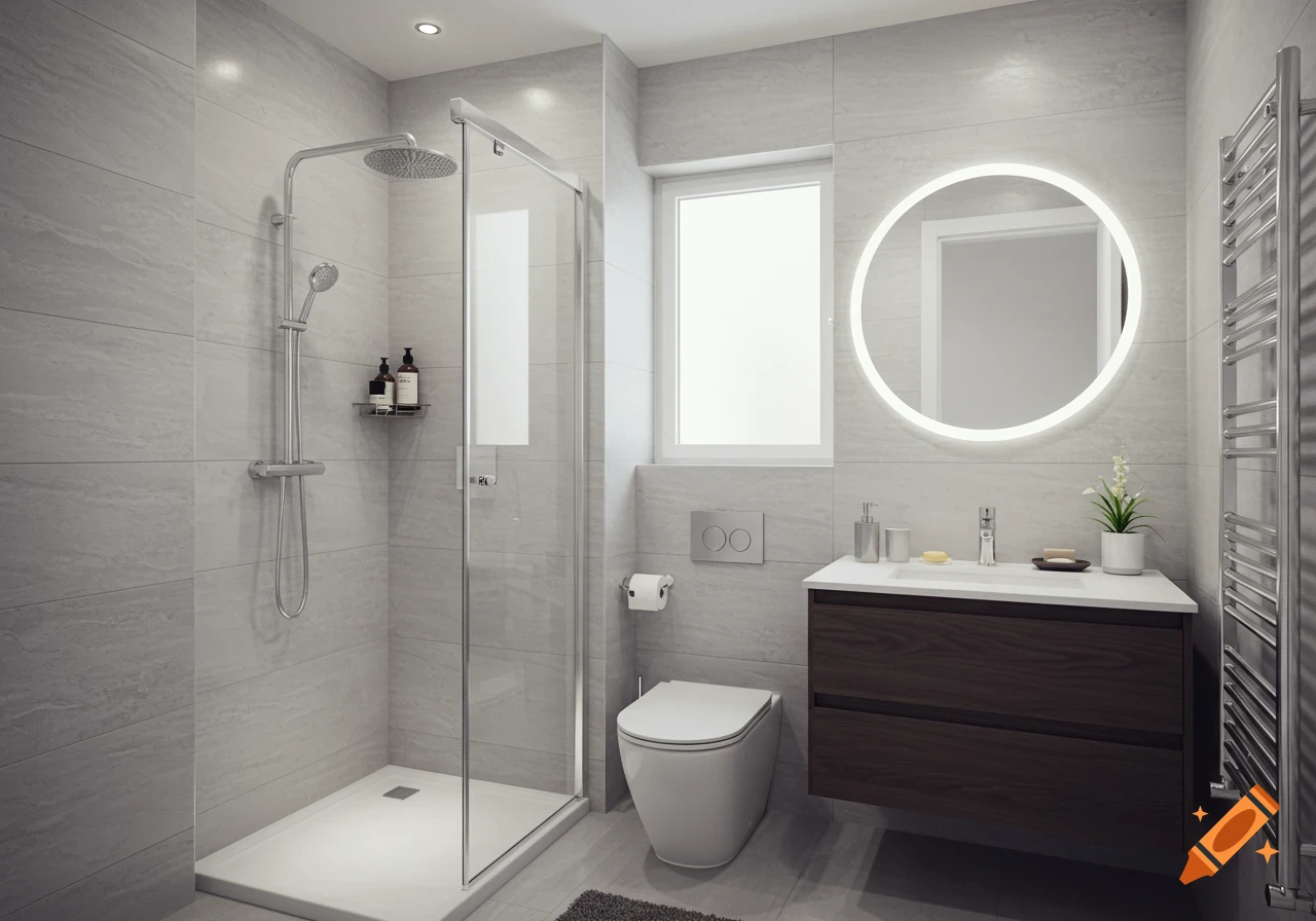 A modern, clean bathroom with a walk-in shower, floating wooden vanity, and large round backlit mirror in photorealistic style.