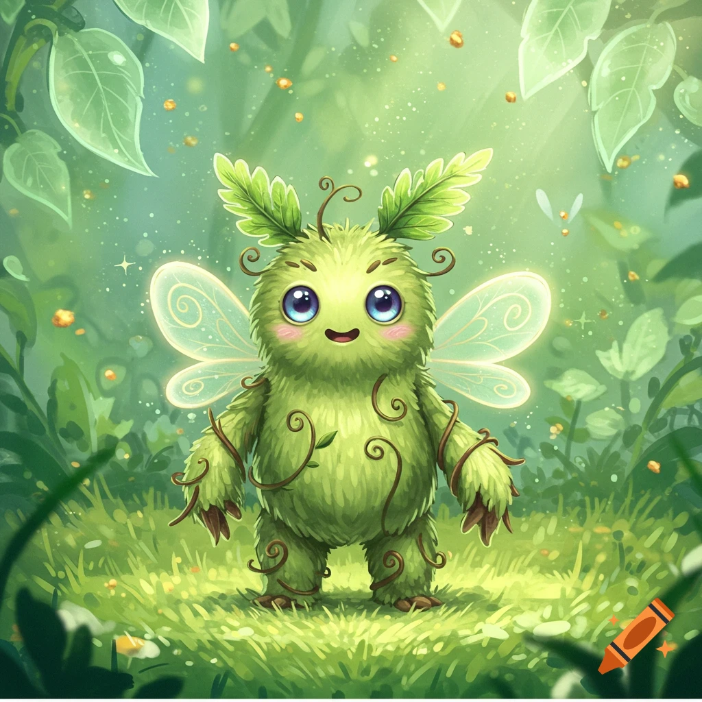A cute, green, furry monster with large blue eyes, fairy wings, and leaf ears stands in a magical forest.