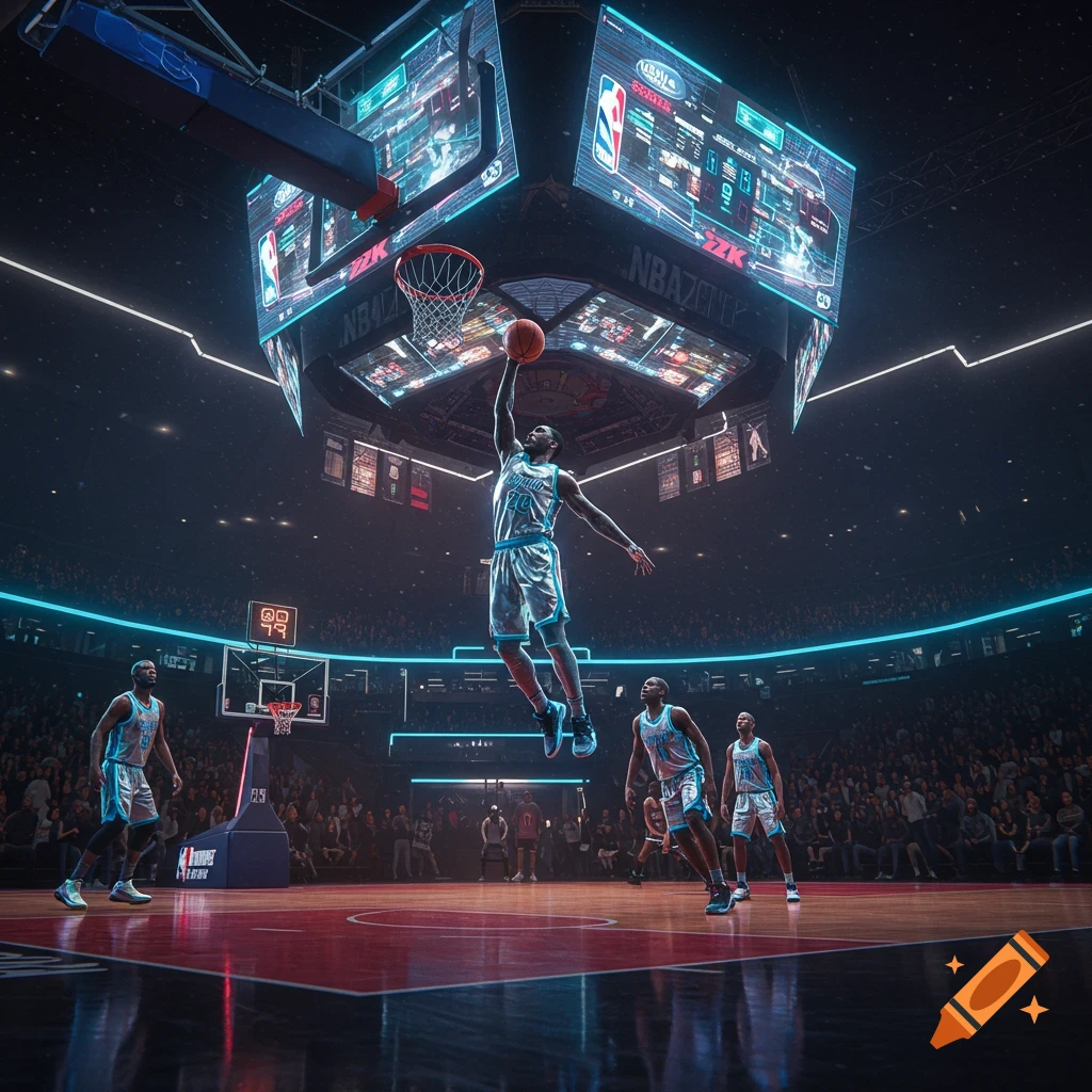 A basketball player in a light blue uniform jumps to dunk a basketball in a futuristic arena with large glowing screens showing game stats.