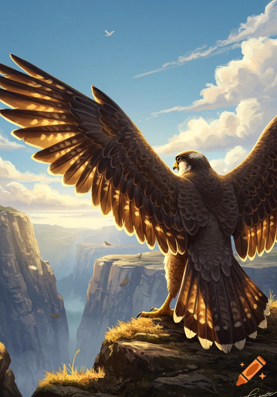 A large falcon with spread wings stands on a sunlit cliff edge overlooking a vast canyon under a bright, cloudy sky. Digital painting.