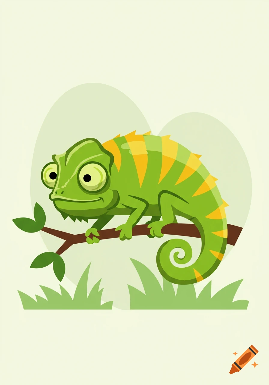 A bright green cartoon chameleon with yellow stripes sits on a brown tree branch, with green grass at the bottom and light green background shapes.