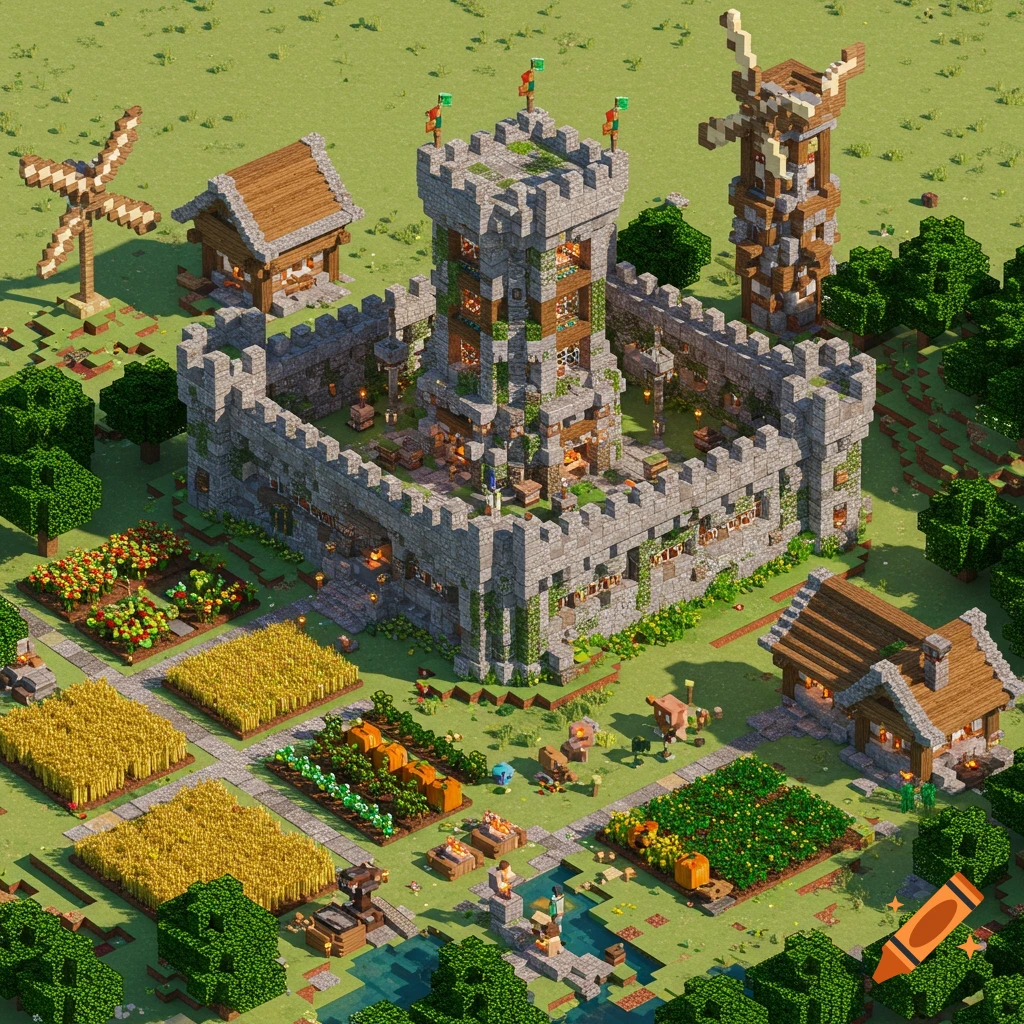 Detailed Minecraft-style village featuring a central castle, surrounding houses, large farms, and windmills under a clear sky.