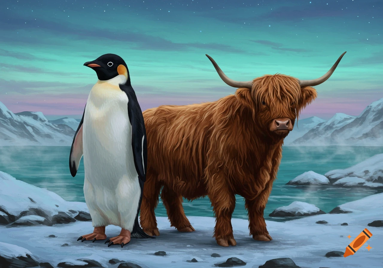 An emperor penguin stands beside a shaggy brown Highland cow in a snowy arctic landscape under a colorful, starry twilight sky. Illustration.