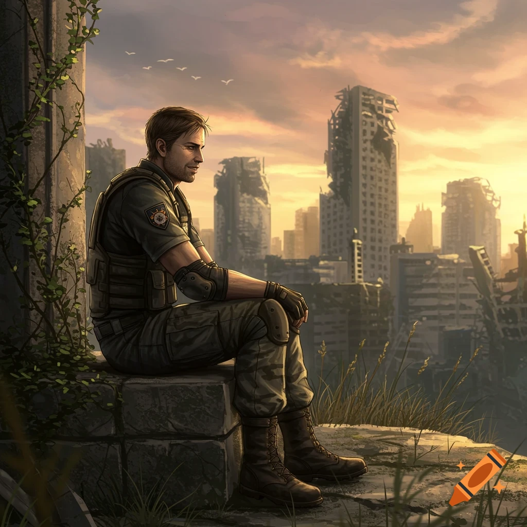 A man in military gear sits on a stone wall overlooking a ruined, overgrown city at sunset, digital art.