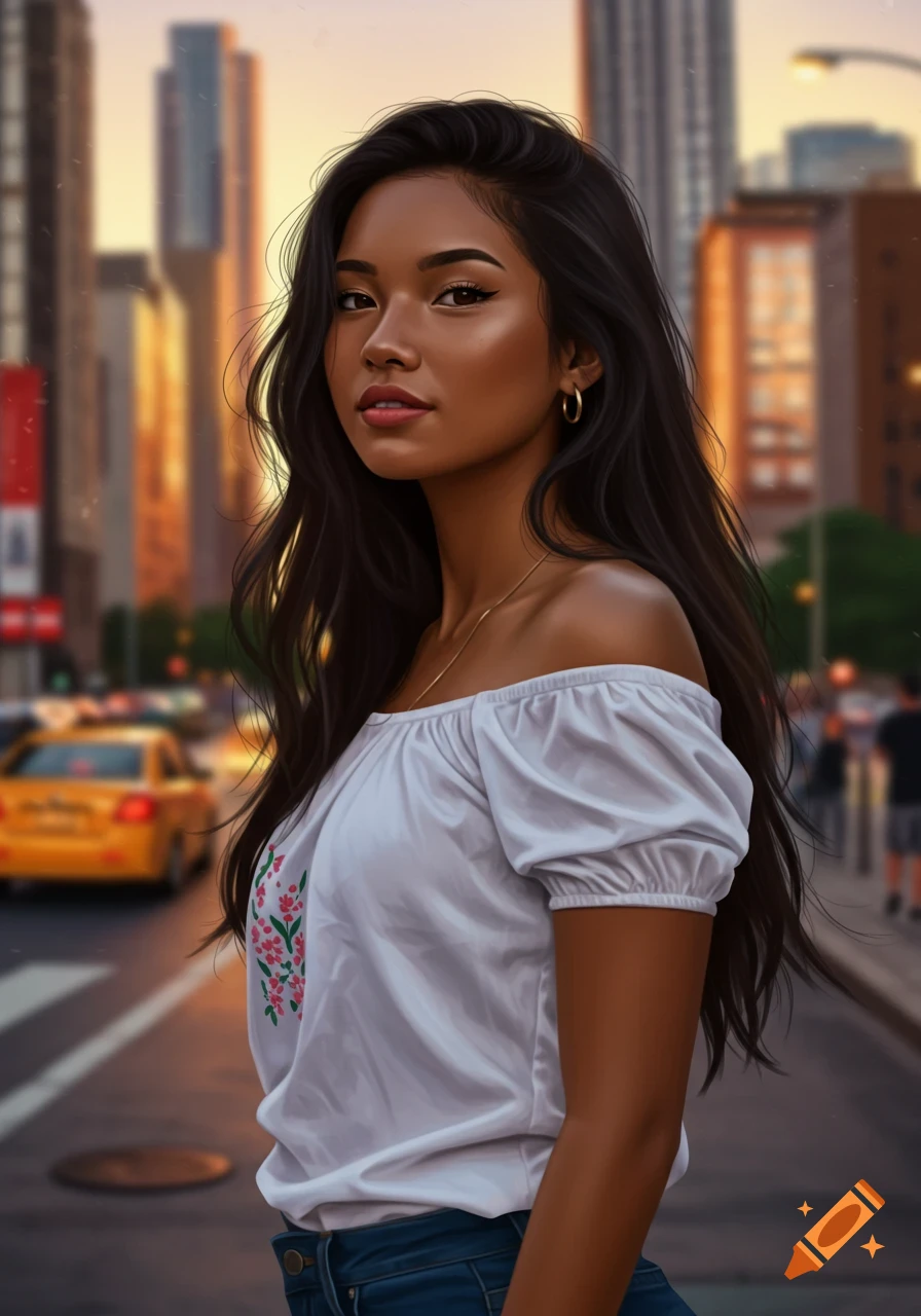 Photorealistic portrait of a young woman with long dark hair, wearing a white off-shoulder top, standing on a city street at sunset.