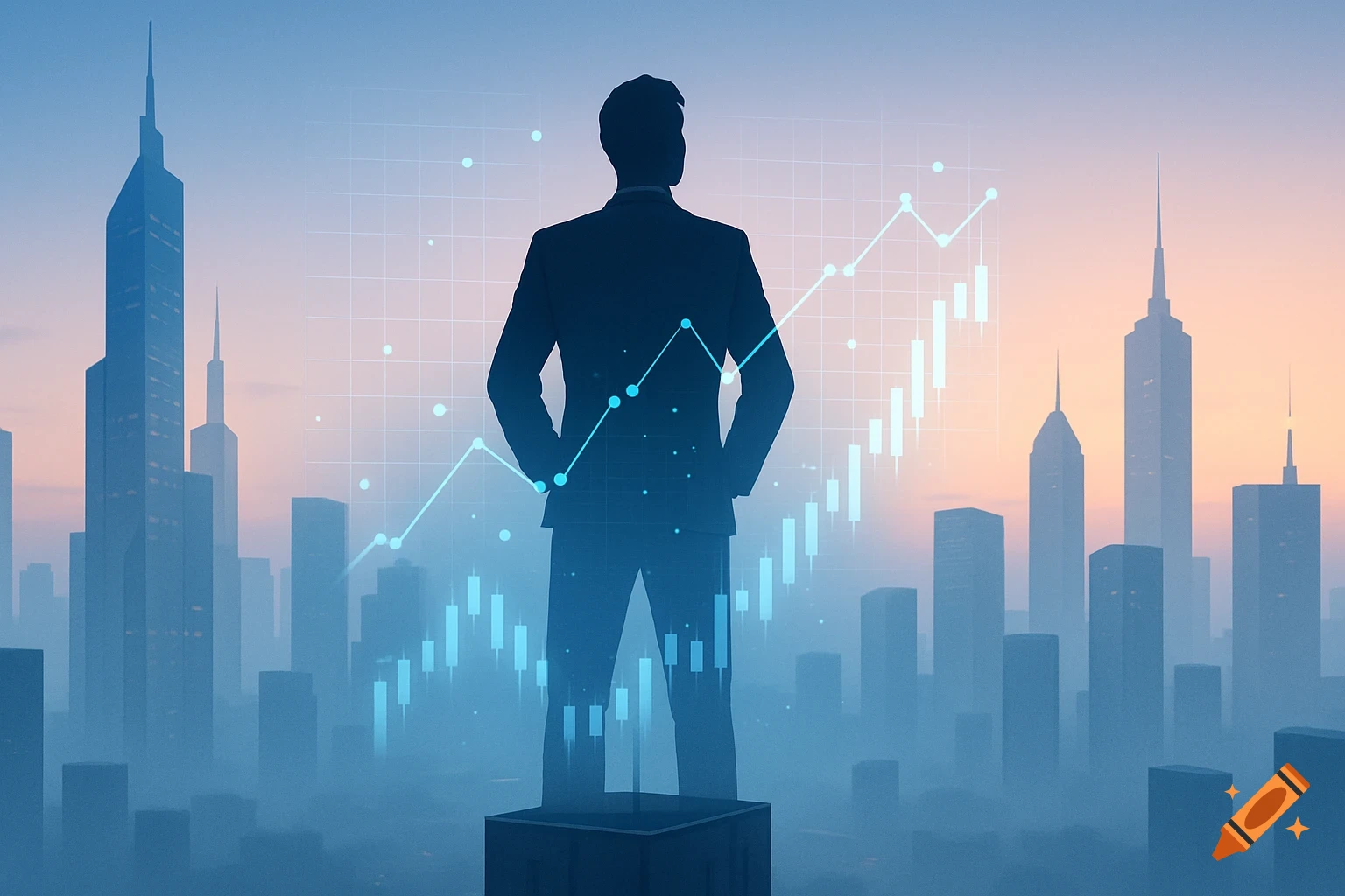 A silhouette of a businessman stands before a city skyline with overlaid blue financial charts, representing growth.
