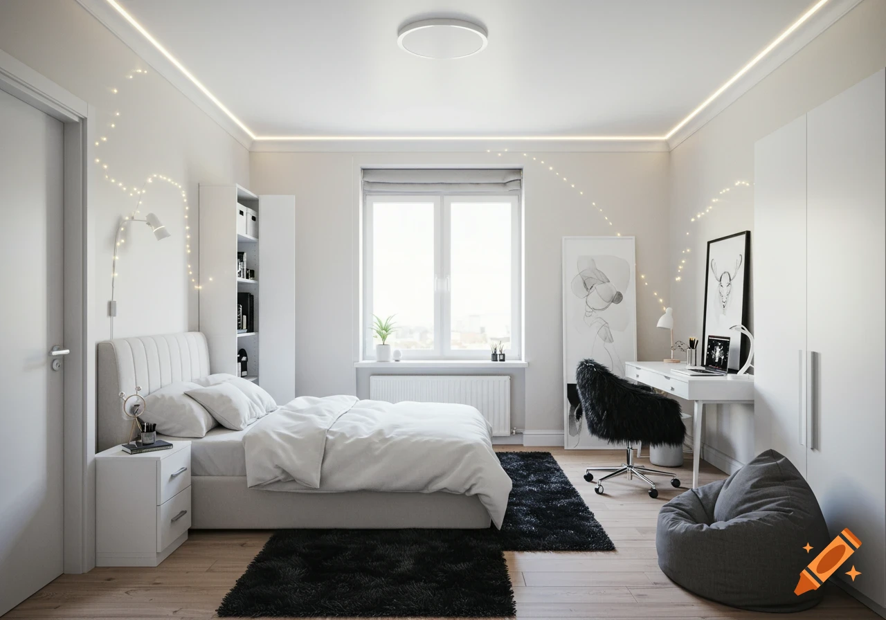 A modern white bedroom with a bed, black rug, white desk, black fluffy chair, and a grey bean bag chair. LED lights line the ceiling.