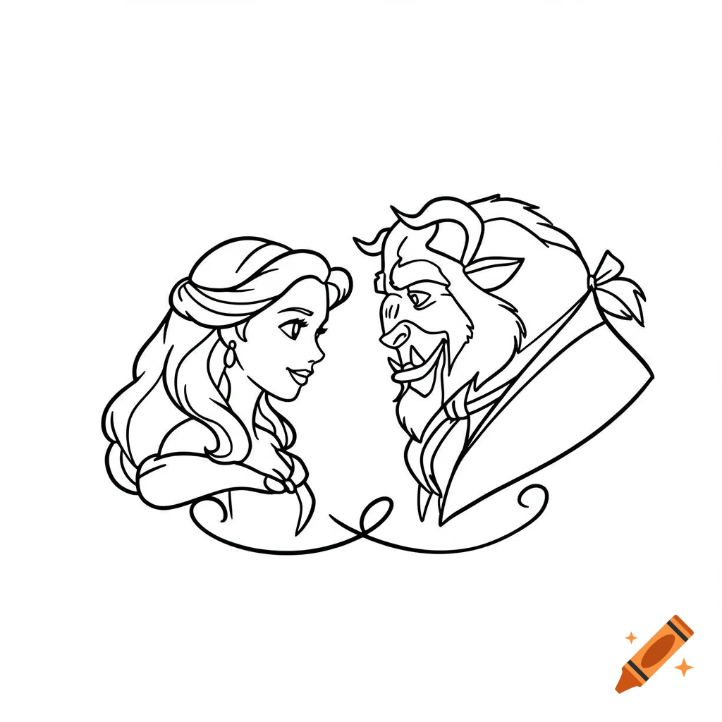 Black and white line art headshots of Belle and the Beast from Disney's Beauty and the Beast, facing each other.