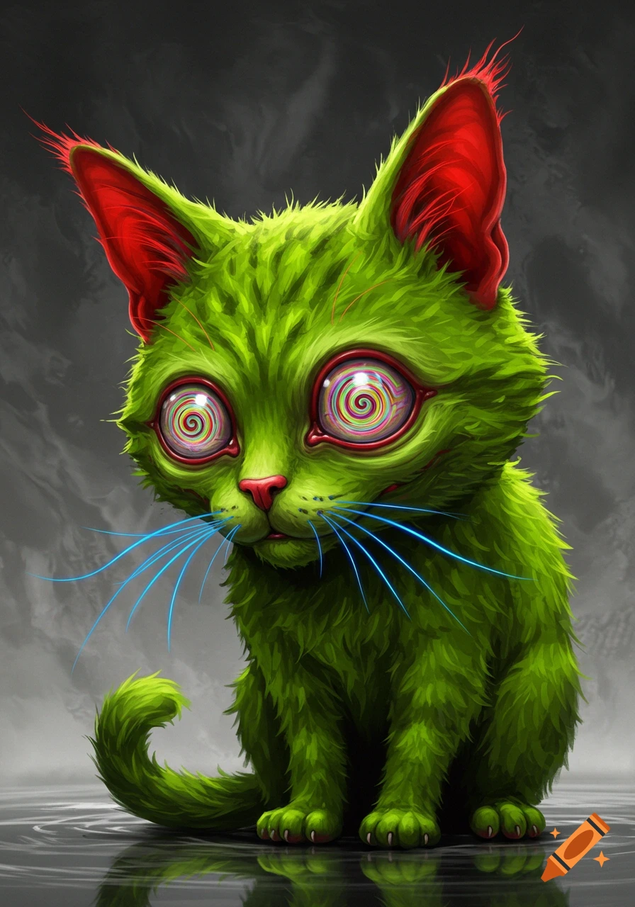 A stylized cat with bright green fur, red ears, blue whiskers, and large swirling hypnotic eyes sits looking forward.